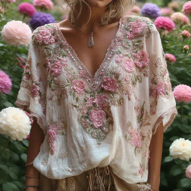 Woman Clothing 2025 Spring Elegant Flower Print Vintage Shirts Blouse Summer Sexy Deep V Neck Hollow Loose Top Pullover Harajuku