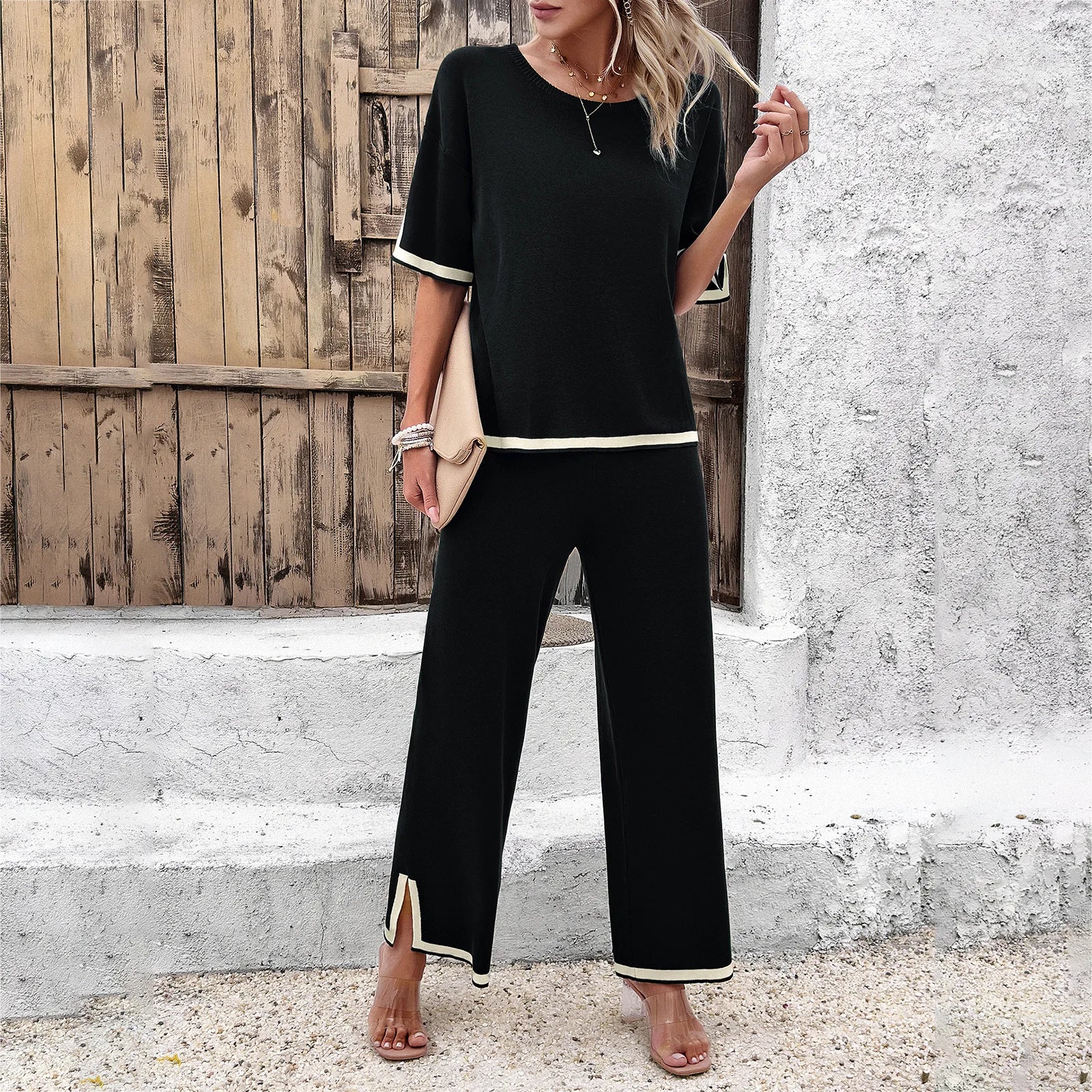 High Quality Elegant Women Clothing 2024 Temperament Casual Solid Color Knitted Shite Sleeved Suit Sweatpants Wide Leg Pants Y2k