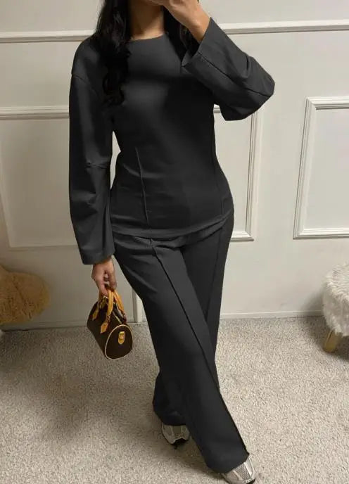 Women's Clothing 2025 Autumn Winter Casual Fashion T-Shirt Long Pants Two-Piece Set Minimally Casual Retro Slim Fit Pants Set