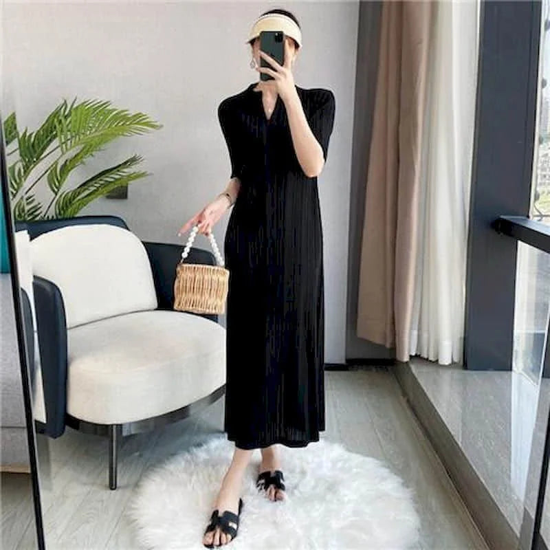 Women Dresses Vintage Casual V-neck Solid Short Sleeve A-line Loose Korean Fashion Fold Design Mid-Calf Dress for Women Clothing
