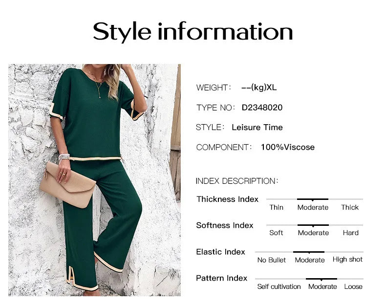 High Quality Elegant Women Clothing 2024 Temperament Casual Solid Color Knitted Shite Sleeved Suit Sweatpants Wide Leg Pants Y2k