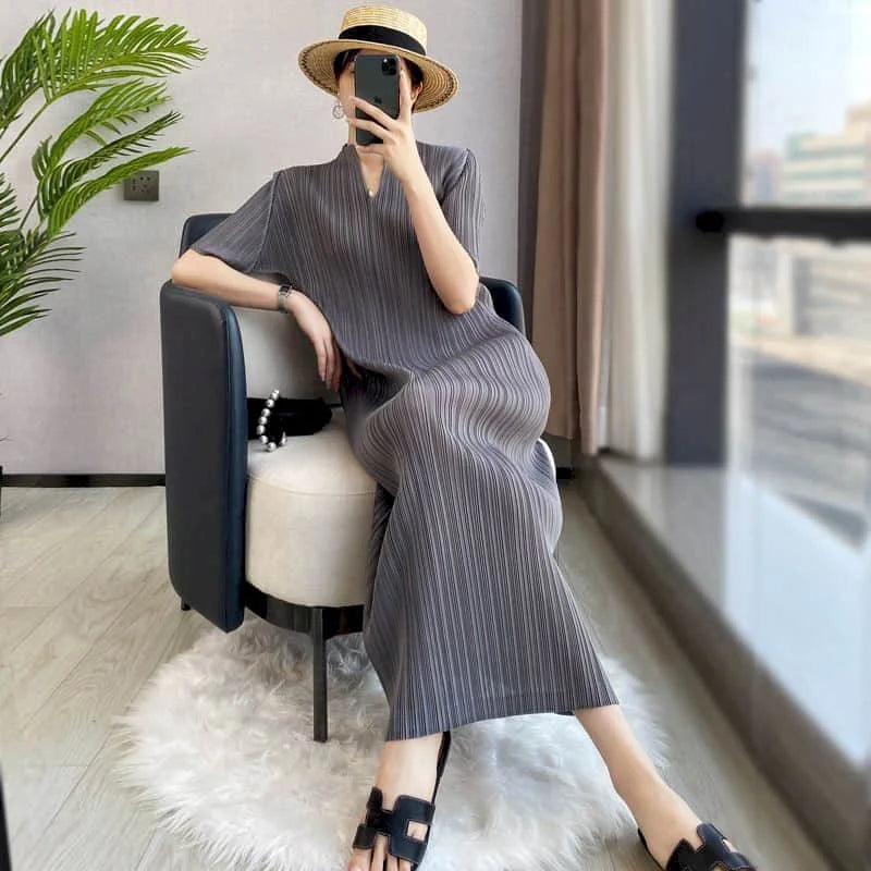 Women Dresses Vintage Casual V-neck Solid Short Sleeve A-line Loose Korean Fashion Fold Design Mid-Calf Dress for Women Clothing