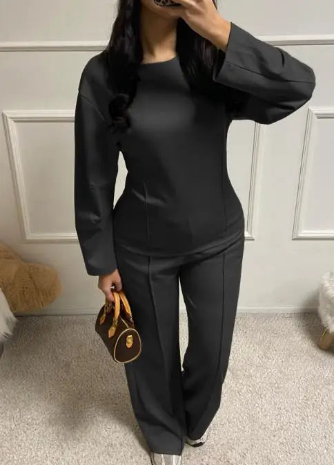 Women's Clothing 2025 Autumn Winter Casual Fashion T-Shirt Long Pants Two-Piece Set Minimally Casual Retro Slim Fit Pants Set