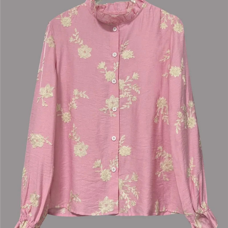 Women's Clothing 2025 Spring Autumn Fashion Casual Long-sleeved Printed Blouse with A Collar and Puff Sleeves Office Lady Shirt