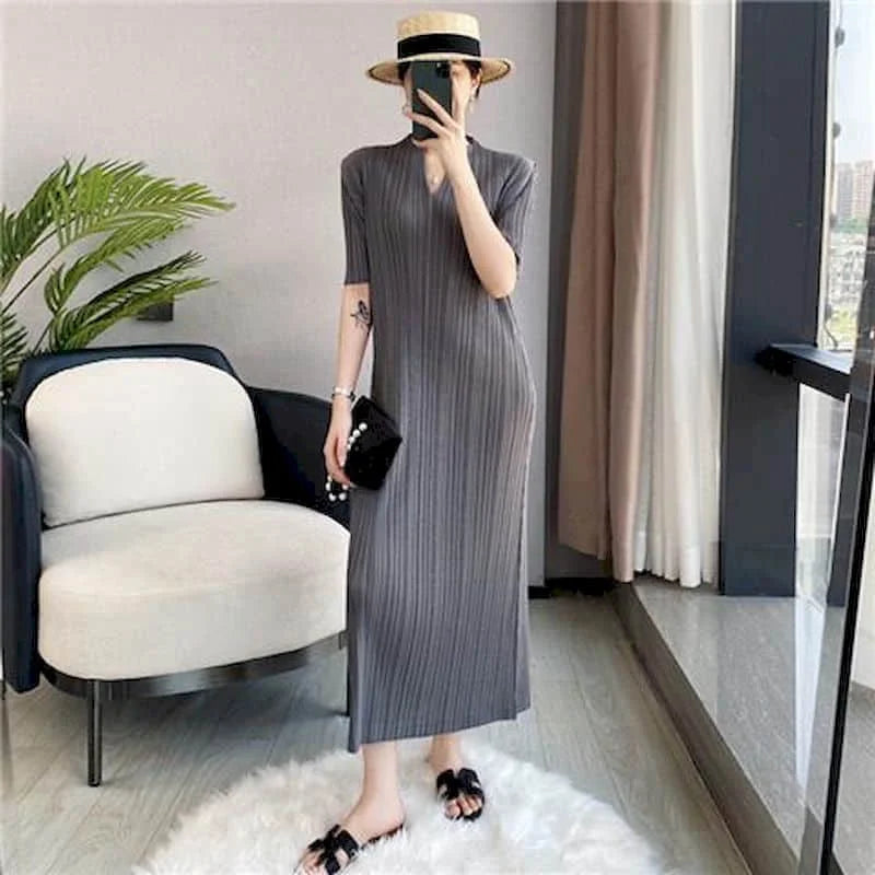 Women Dresses Vintage Casual V-neck Solid Short Sleeve A-line Loose Korean Fashion Fold Design Mid-Calf Dress for Women Clothing