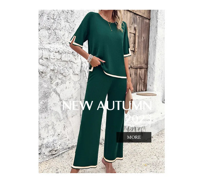 High Quality Elegant Women Clothing 2024 Temperament Casual Solid Color Knitted Shite Sleeved Suit Sweatpants Wide Leg Pants Y2k
