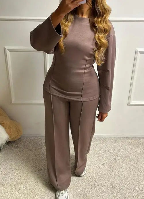 Women's Clothing 2025 Autumn Winter Casual Fashion T-Shirt Long Pants Two-Piece Set Minimally Casual Retro Slim Fit Pants Set