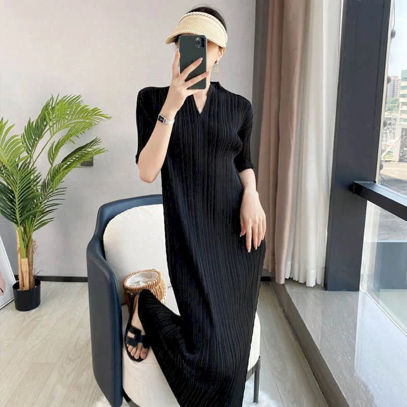 Women Dresses Vintage Casual V-neck Solid Short Sleeve A-line Loose Korean Fashion Fold Design Mid-Calf Dress for Women Clothing