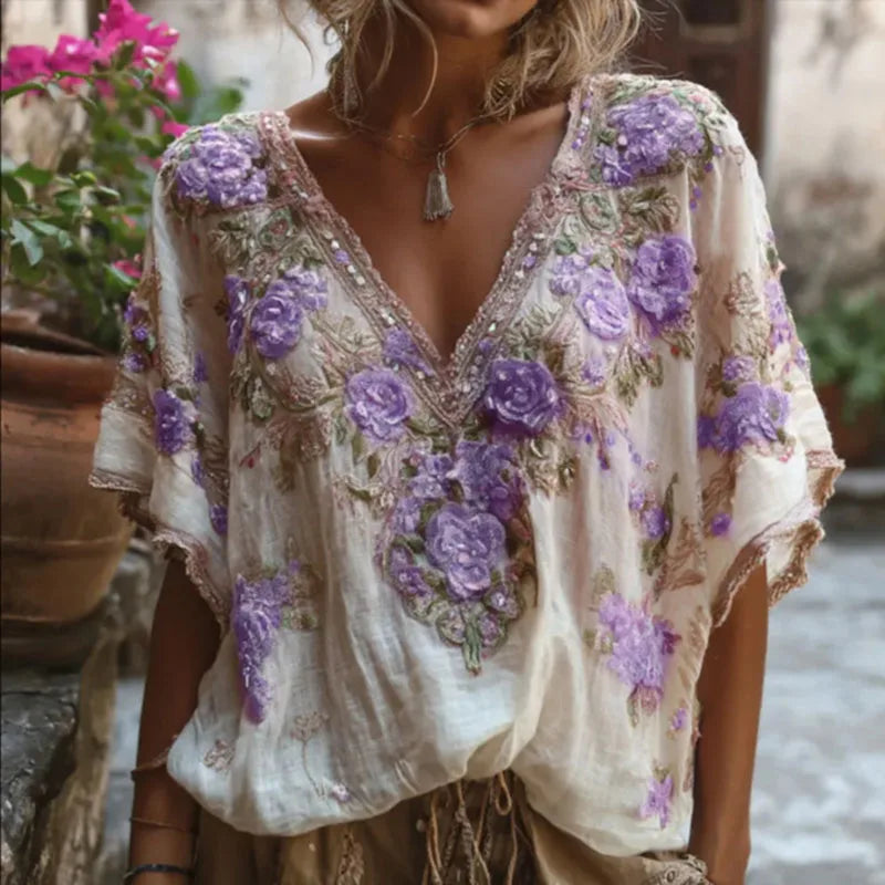 Woman Clothing 2025 Spring Elegant Flower Print Vintage Shirts Blouse Summer Sexy Deep V Neck Hollow Loose Top Pullover Harajuku