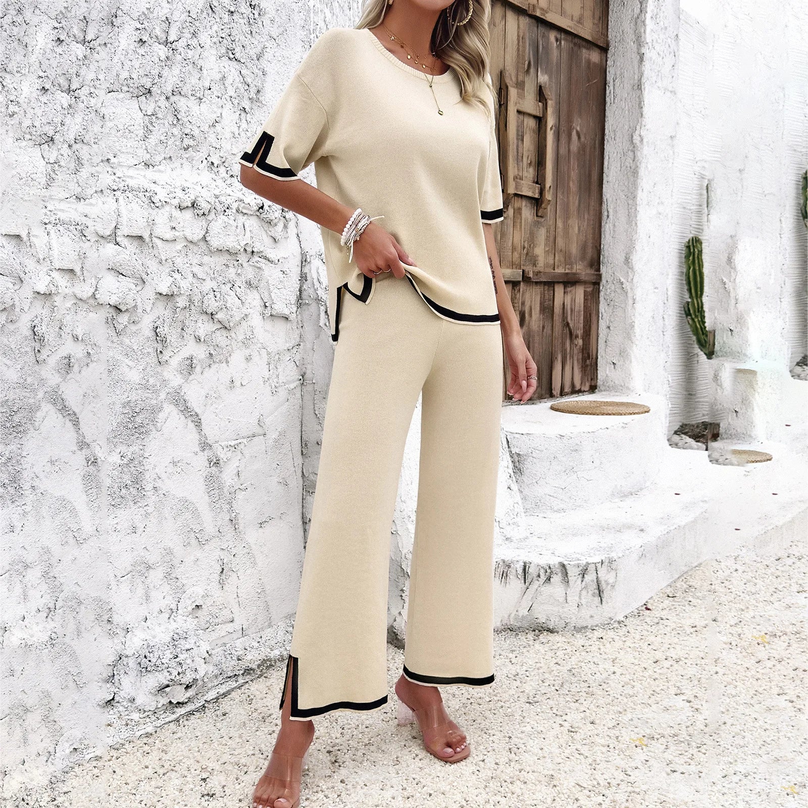 High Quality Elegant Women Clothing 2024 Temperament Casual Solid Color Knitted Shite Sleeved Suit Sweatpants Wide Leg Pants Y2k